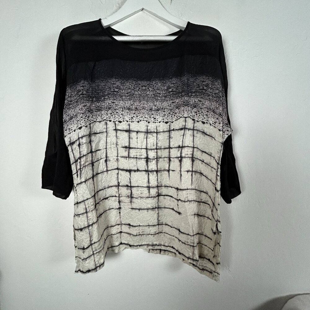 Dressori Womens Sheer Black/White Abstract Grid Textured Silk Tunic Top Medium